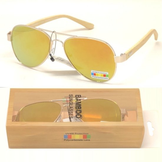 Bamboo Arm Polycarbonate Lens Sunglasses Golden Mirror