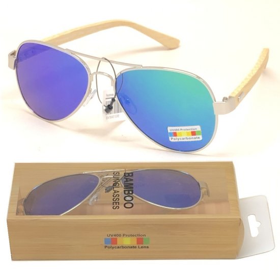 Bamboo Arm Polycarbonate Lens Sunglasses Green Mirror