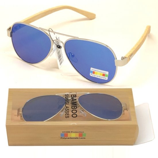 Bamboo Arm Polycarbonate Lens Sunglasses Blue Mirror