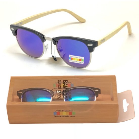 Bamboo Arm Polycarbonate Lens Sunglasses Green Mirror