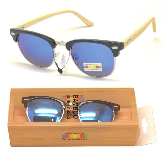 Bamboo Arm Polycarbonate Lens Sunglasses Blue Mirror