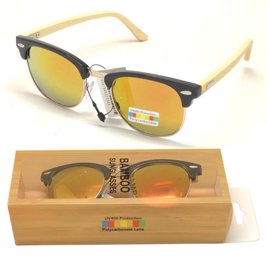 Bamboo Arm Polycarbonate Lens Sunglasses Golden Mirror