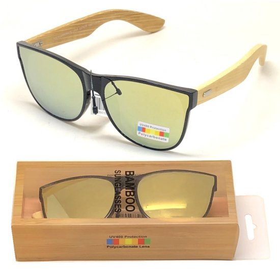 Bamboo Arm Polycarbonate Lens Sunglasses Golden Mirror