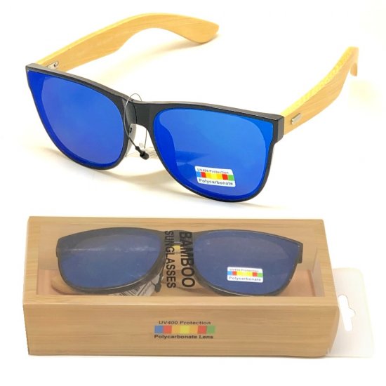 Bamboo Arm Polycarbonate Lens Sunglasses Blue Mirror